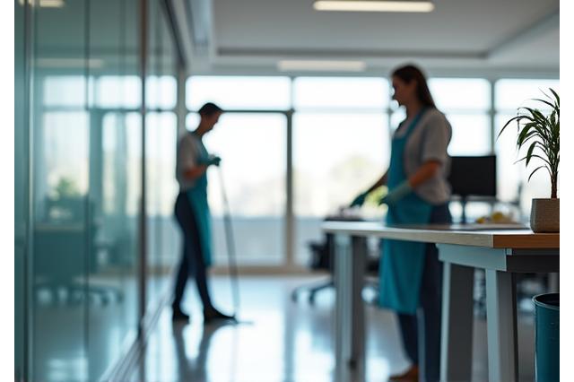 Modern office being sanitized by cleaning staff